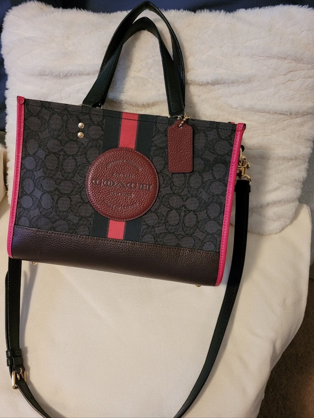 COACH Black Signature Tote with Pink Trim & Red Stripe